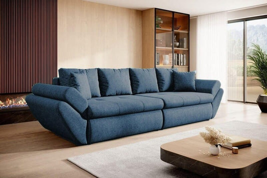 Canapea extensibilă cu ladă de depozitare si sezut confortabil din spuma HR, Loana Albastru Marin 300x100 cm