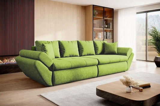 Canapea extensibilă cu ladă de depozitare si sezut confortabil din spuma HR, Loana Green Lux 300x100 cm