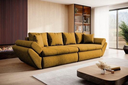 Canapea extensibilă cu ladă de depozitare si sezut confortabil din spuma HR, Loana Muștar Fresh 300x100 cm