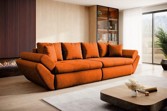 Canapea extensibilă cu ladă de depozitare si sezut confortabil din spuma HR, Loana Orange Jungle 300x100 cm