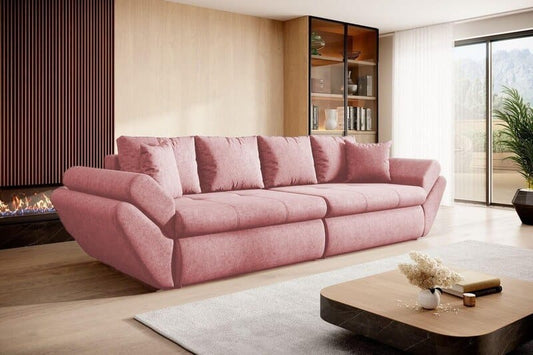 Canapea extensibilă cu ladă de depozitare si sezut confortabil din spuma HR, Loana Pink 300x100 cm