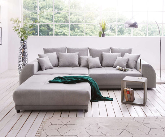 Canapea extensibilă cu 2 lăzi de depozitare si sezut confortabil din spuma HR, Big Sofa Verona Grey 310x100 cm cu taburet inclus