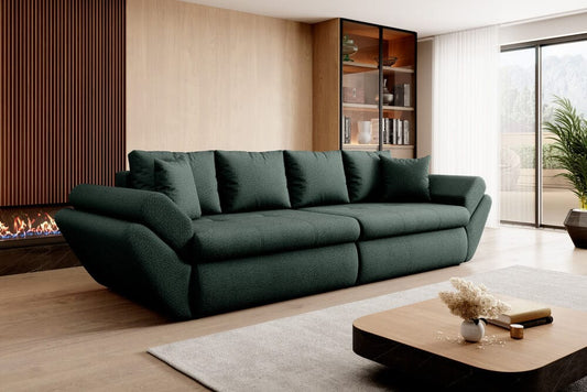 Canapea extensibilă cu ladă de depozitare si sezut confortabil din spuma HR, Loana Euphoria Green 300x100 cm